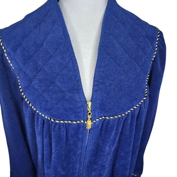 Vintage 70s Vanity Fair Zip Velour House Coat Robe Womens Size M Navy Blue - Picture 2 of 10